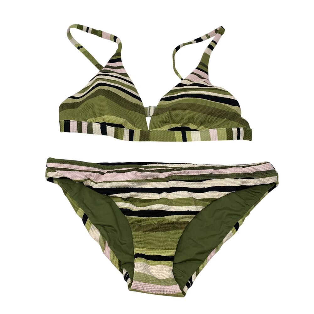 Seafolly Bikini Set Womens US 6 Green Pink Stripe Textured Triangle NEW